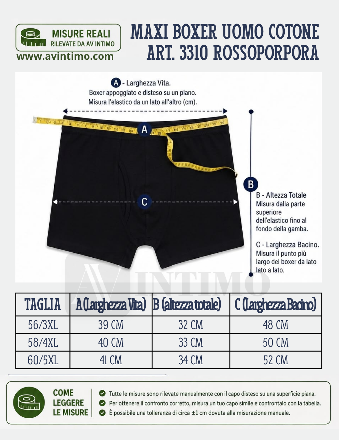 Schema con le misure in cm di maxi boxer taglie comode Rossoporpora art. 3310 con elastico ricoperto