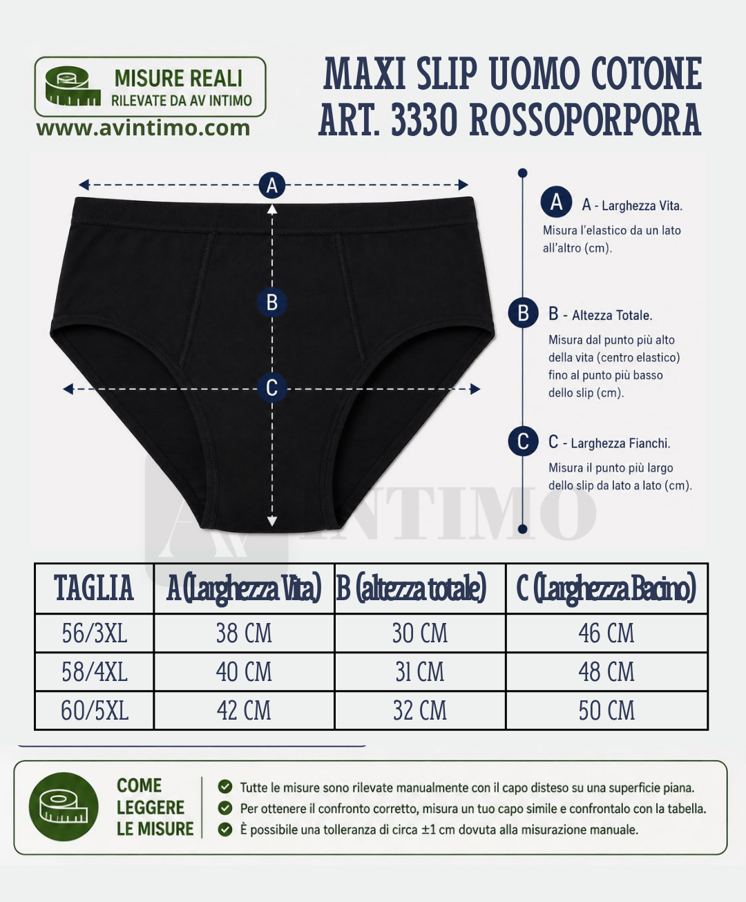 Schema con le misure in cm di maxi slip in cotone Rossoporpora art.3330 colori nero, blu navy, grigio melange