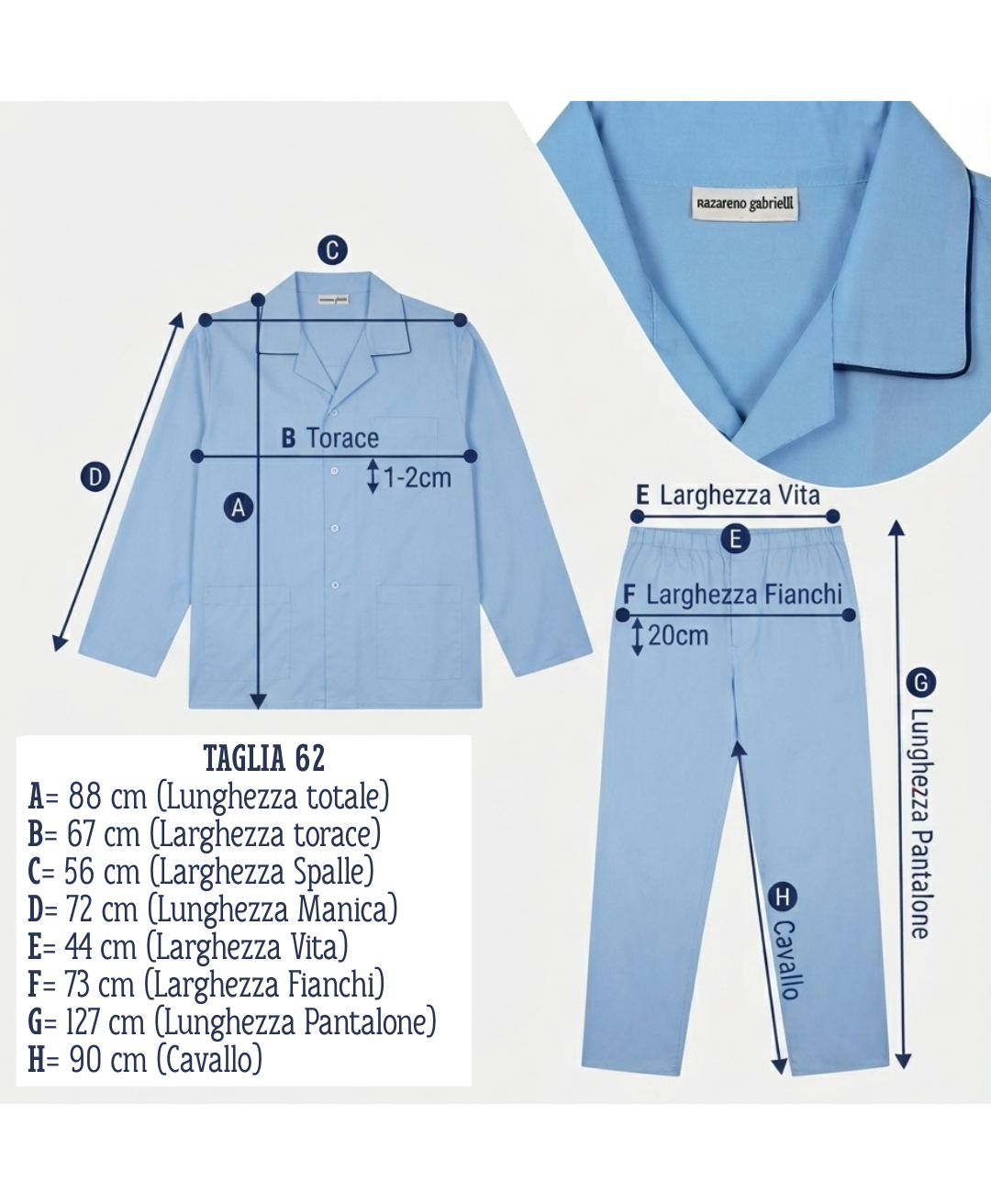 Schema con le misure in cm del pigiama calibrato uomo Nazareno Gabrielli taglia 62 colore avio