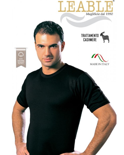 Maglia Uomo Mezza Manica girocollo cotone interlock felpato articolo329 Nero LEABLE Trattamento Cashmere