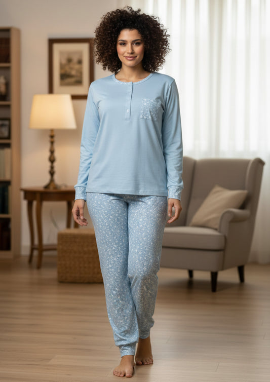 Pigiama Donna Calibrato Manica Lunga in cotone fantasia floreale BACI DI NOTTE Taglia 60 colore celeste