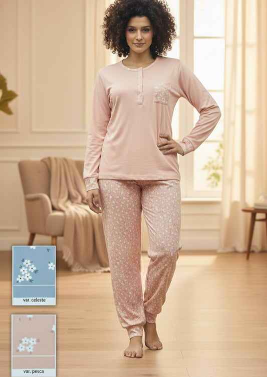 Pigiama Donna Calibrato Manica Lunga in cotone fantasia floreale BACI DI NOTTE Taglia 60 color pesca