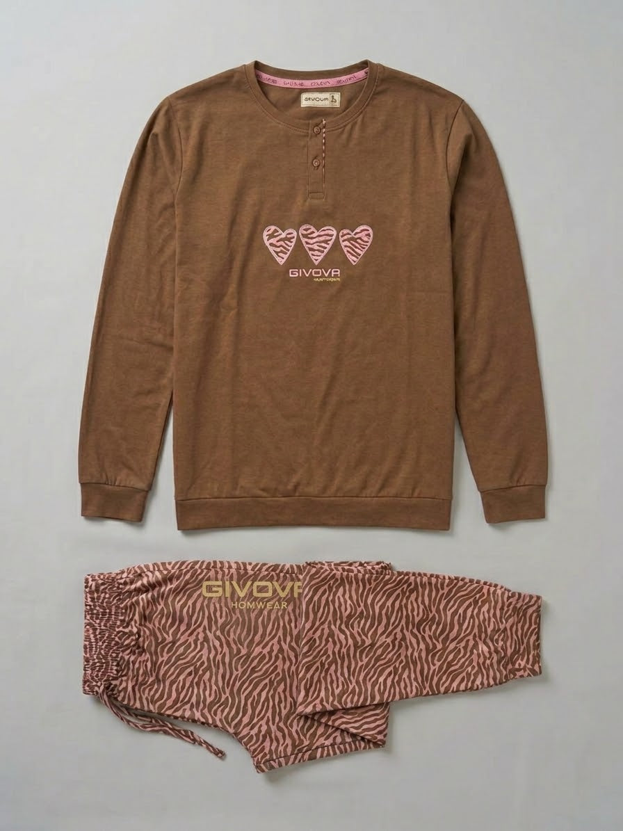 Pigiama donna jersey manica lunga ALV by ALVIERO MARTINI animalier xebrato color caffè e rosa