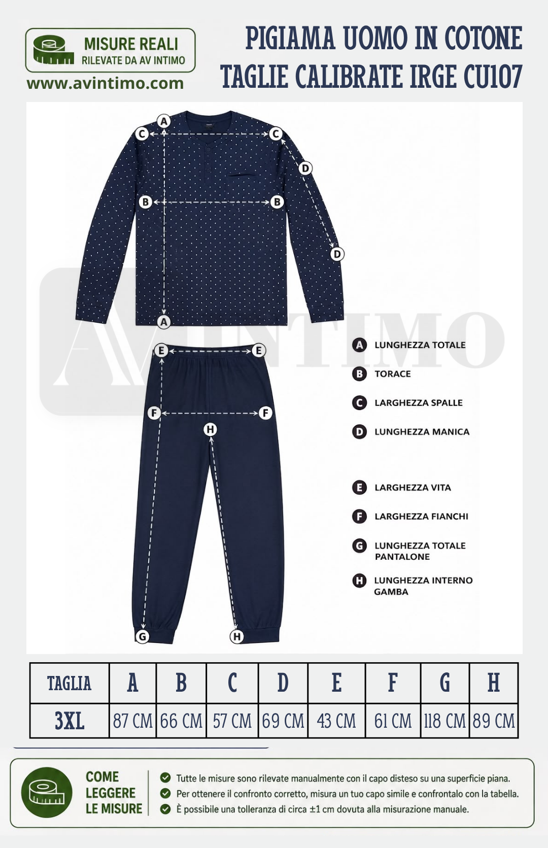 Schema Guida alle taglie Pigiama Uomo Interlock Irge cu107
