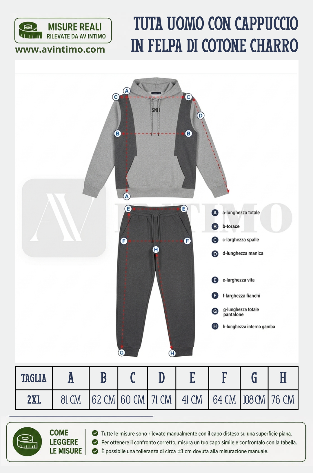 Schema Guida alle Taglie Tuta in cotone Felpato con cappuccio CHARRO taglia 2XL