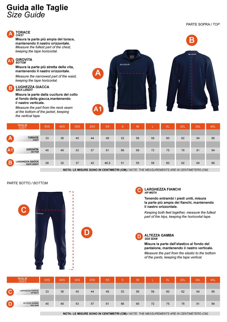 Schema Guida alle taglie Tuta in Triacetato Unisex modello Visa Givova