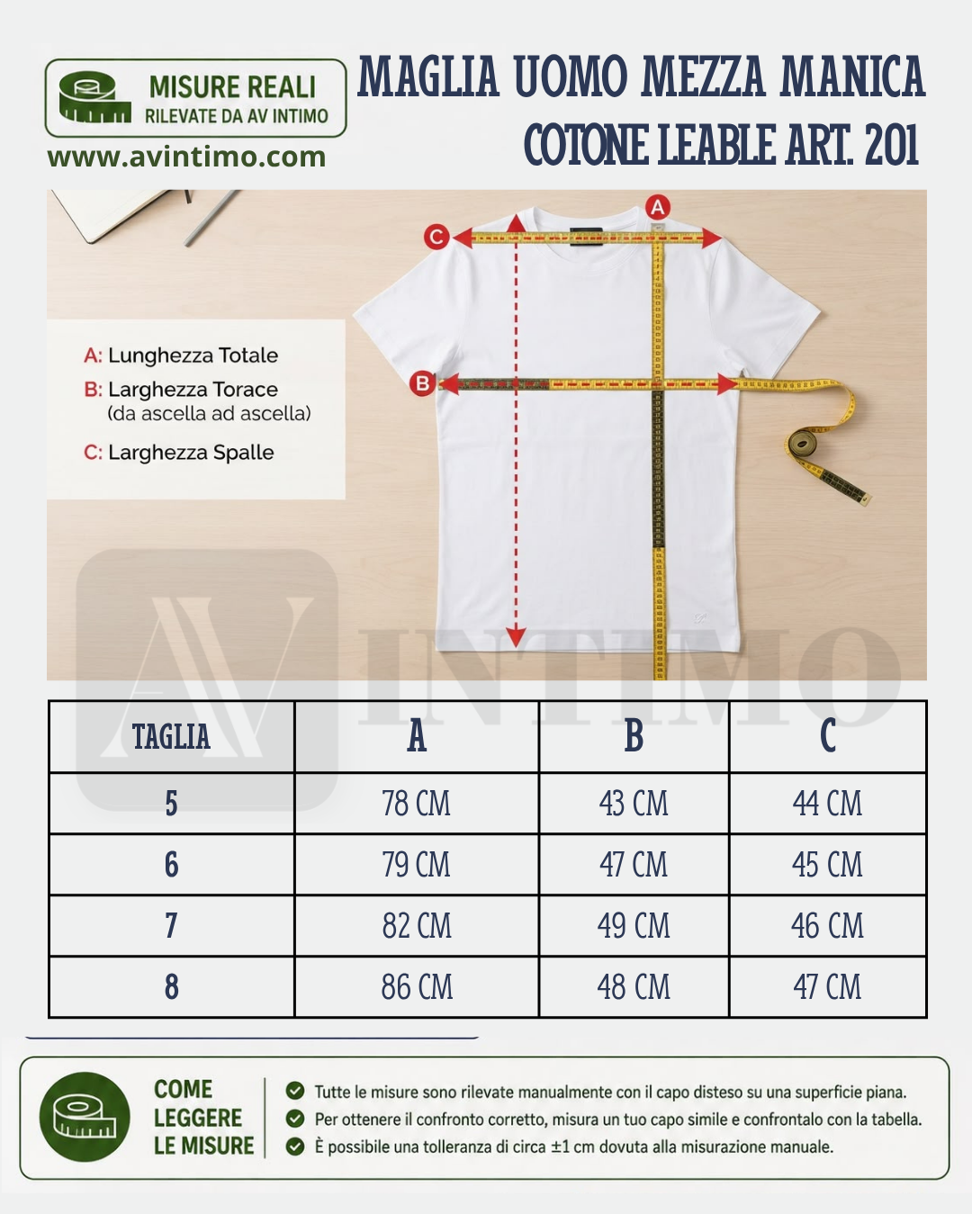 Schema Guida alle Taglie Maglia Uomo Mezza Manica in cotone Leable art. 201