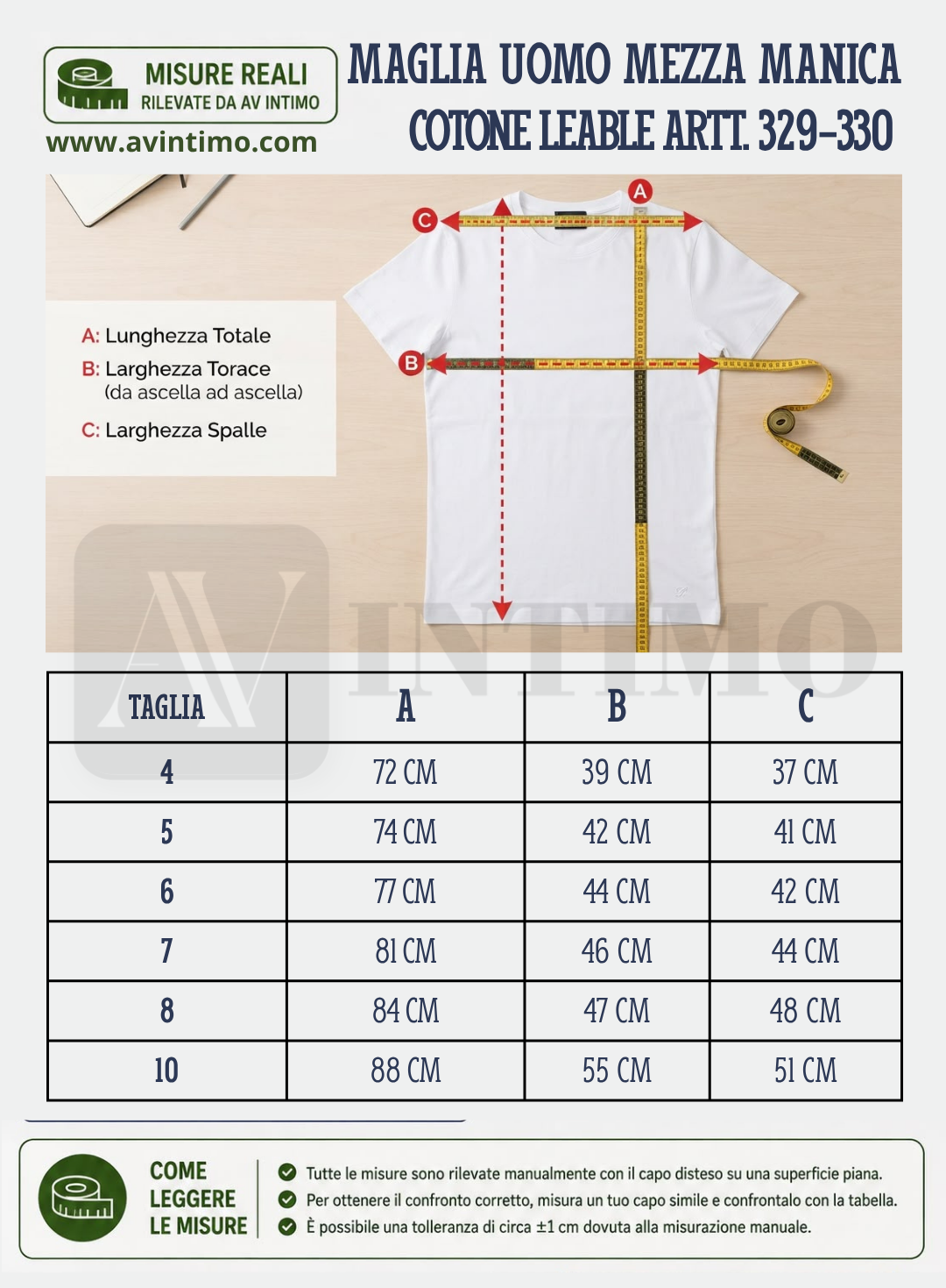 Schema Guida alla Taglie per Maglia Uomo a mezza manica in cotone interlock Leable art.329