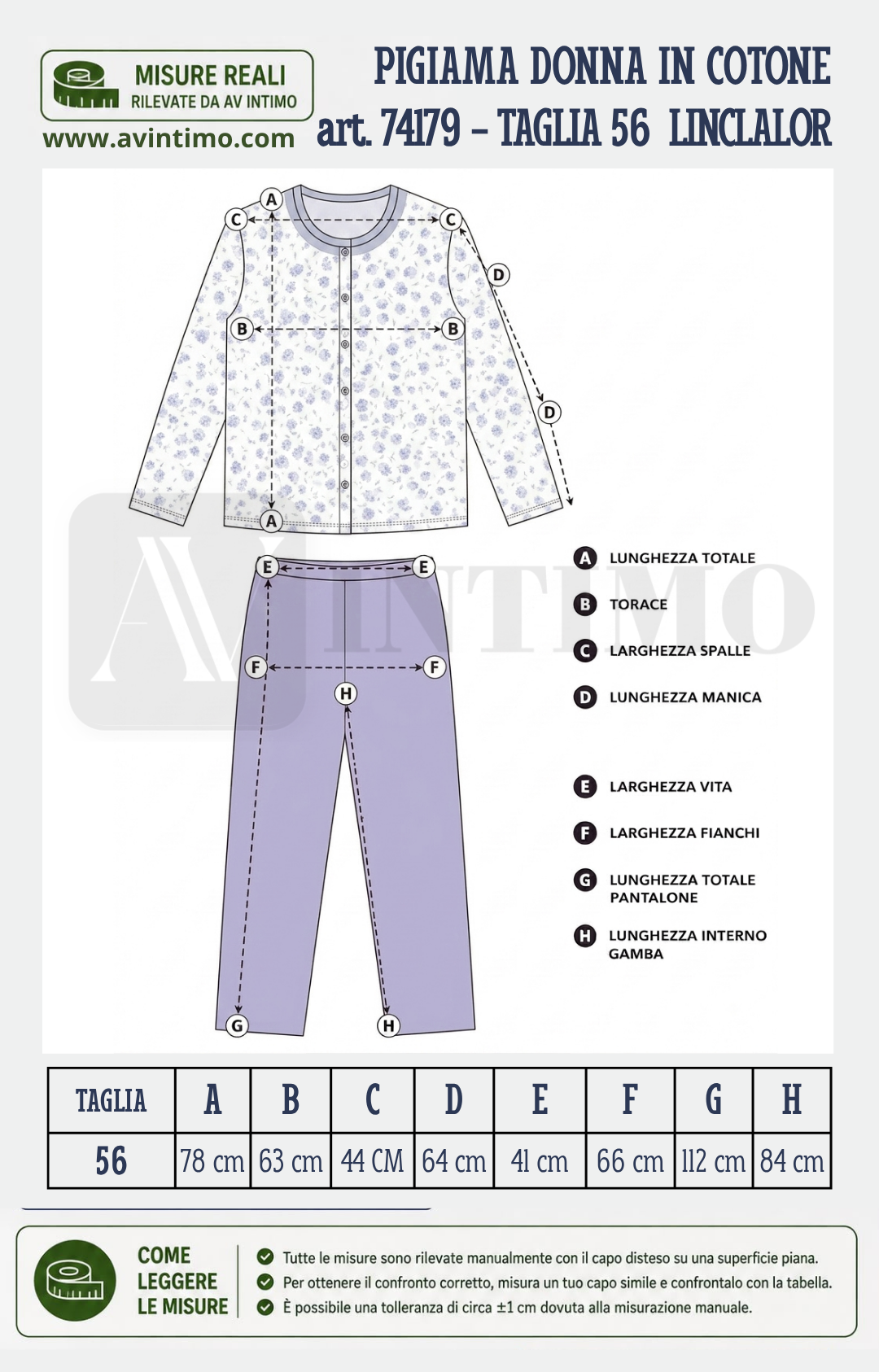 Schema Guida alle taglie Pigiama donna in jersey di cotone aperto art. 74179 taglia 56 linclalor