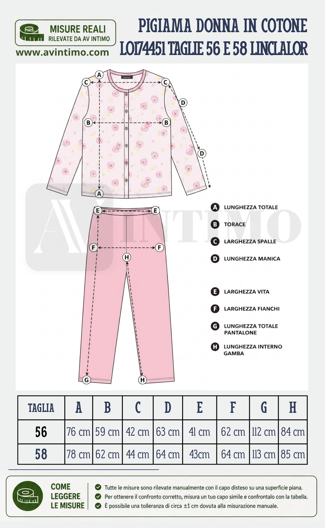 Schema Guida alle taglie Pigiama Donna in jersey di cotone art. LO174451 taglie 56 e 58 Linclalor
