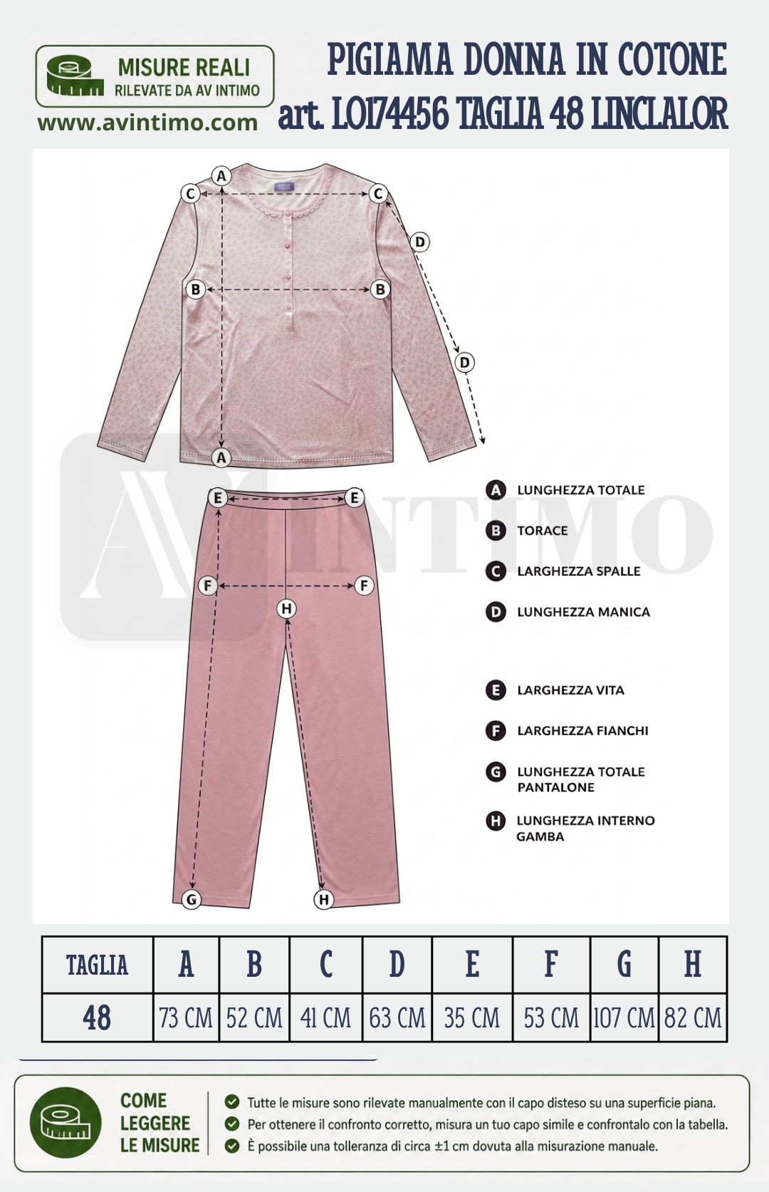 Schema Guida Taglie Pigiama donna jersey di cotone stampato LINCLALOR Taglia 48 rosa maculato art. LO174456 