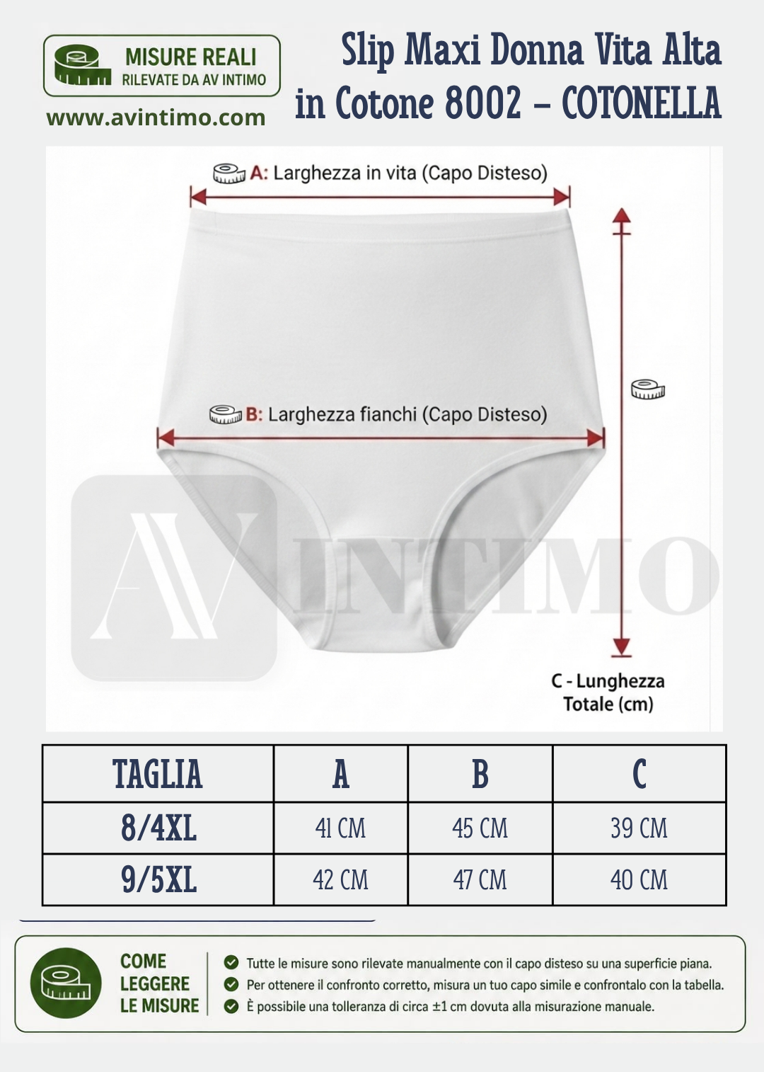 Schema Guida Taglie Slip Maxi Donna Vita Alta in Cotone 8002 COTONELLA taglie 8/4XL e 9/5XL
